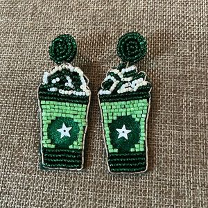 Green & White Coffee Cup Pierced Earrings, NWOT
